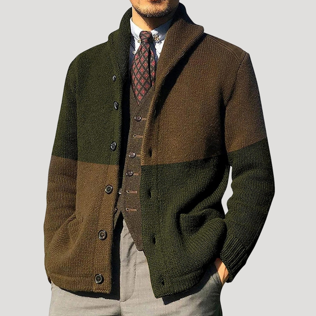 Men's Cardigan - Shawl Collar with Button Closure and Elbow Patches