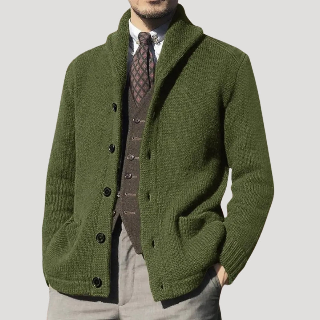 Men's Cardigan - Shawl Collar with Button Closure and Elbow Patches