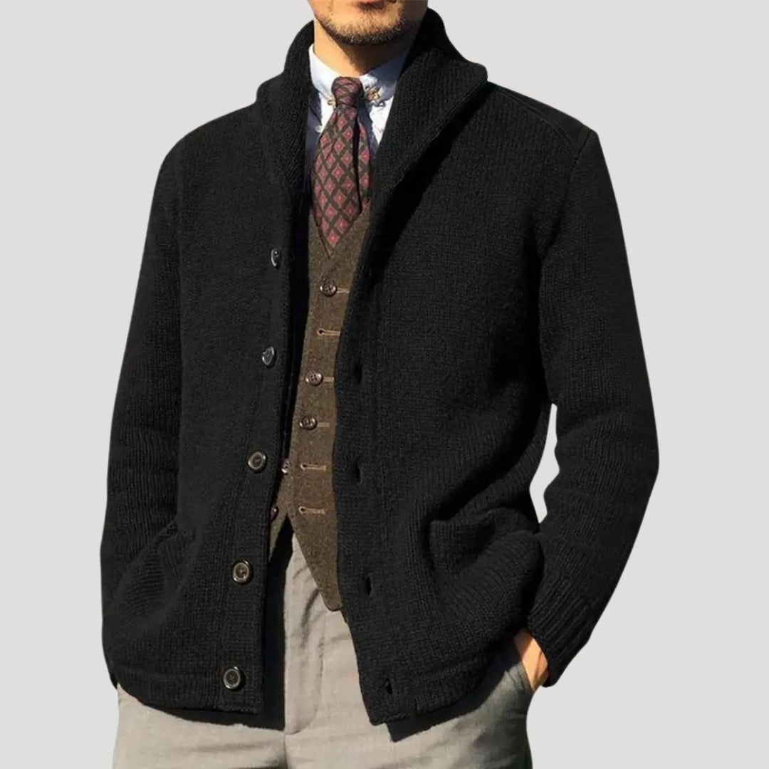 Men's Cardigan - Shawl Collar with Button Closure and Elbow Patches