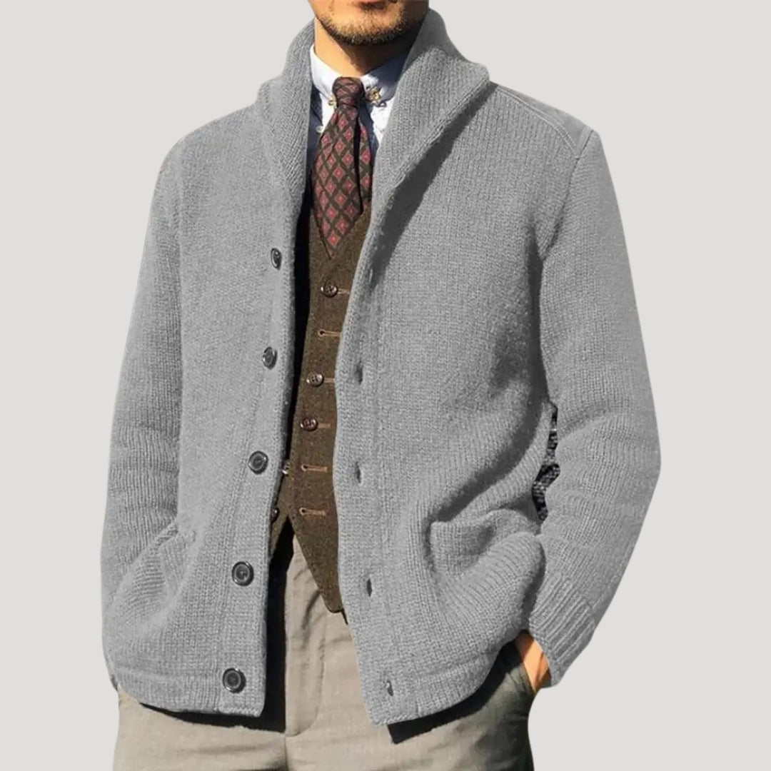 Men's Cardigan - Shawl Collar with Button Closure and Elbow Patches