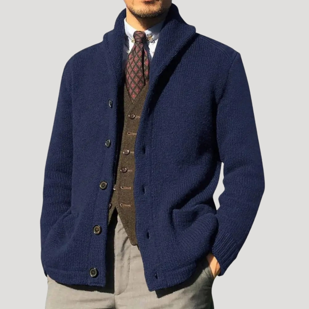 Men's Cardigan - Shawl Collar with Button Closure and Elbow Patches
