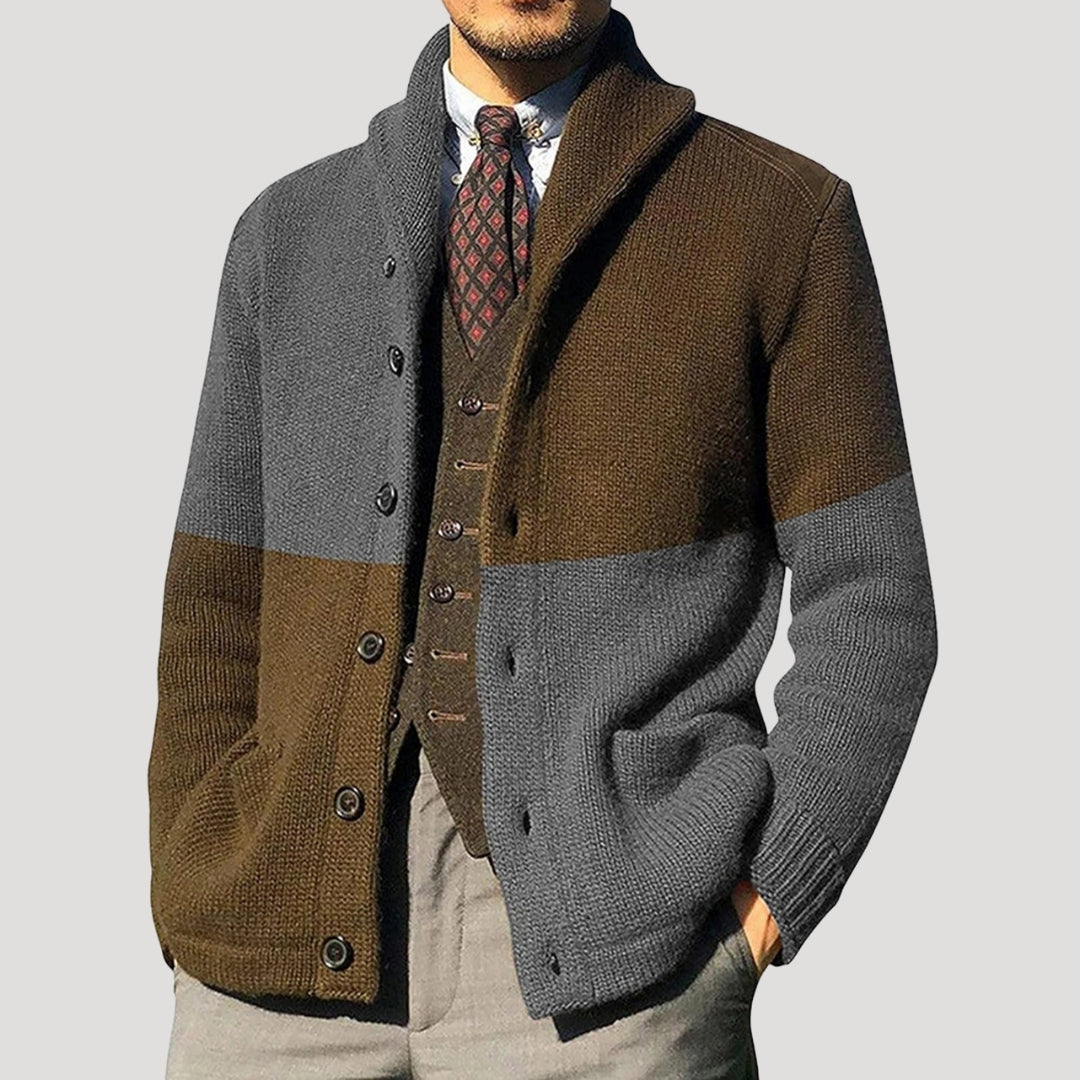 Men's Cardigan - Shawl Collar with Button Closure and Elbow Patches