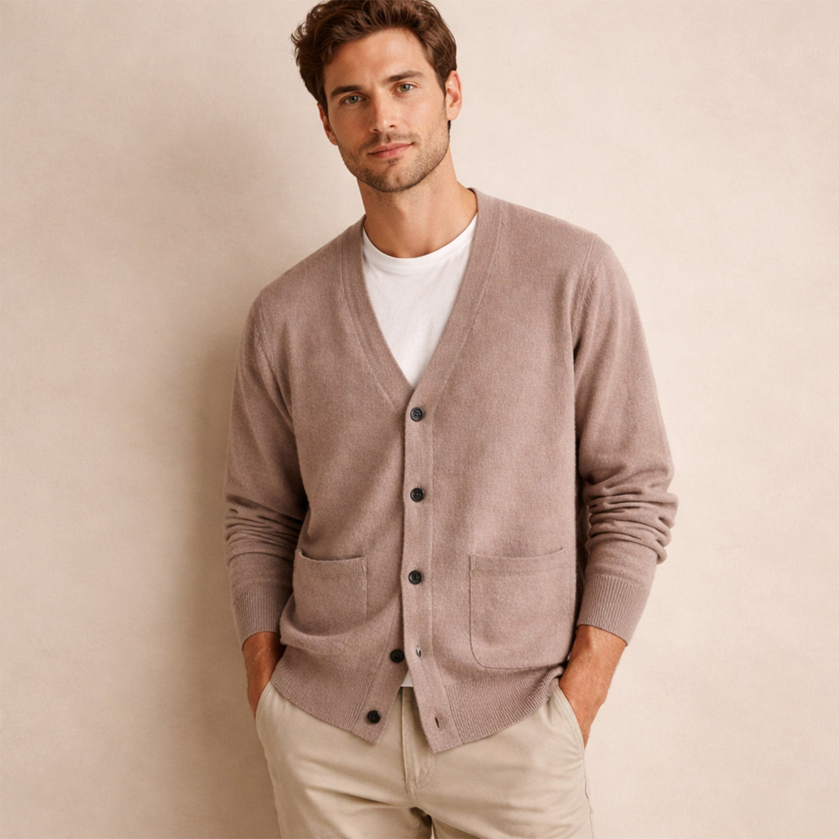 Men's Cardigan - V-Neck, Button Closure, Front Pockets, Relaxed Fit