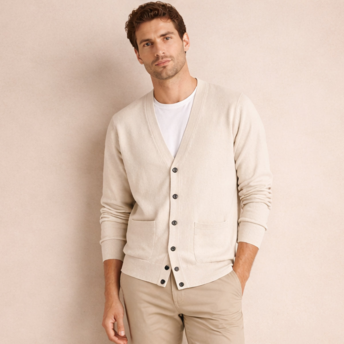 Men's Cardigan - V-Neck, Button Closure, Front Pockets, Relaxed Fit