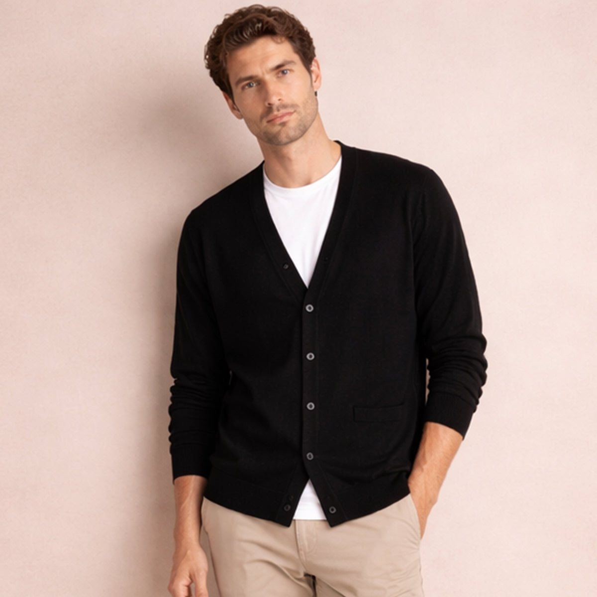 Men's Cardigan - V-Neck, Button Closure, Front Pockets, Relaxed Fit