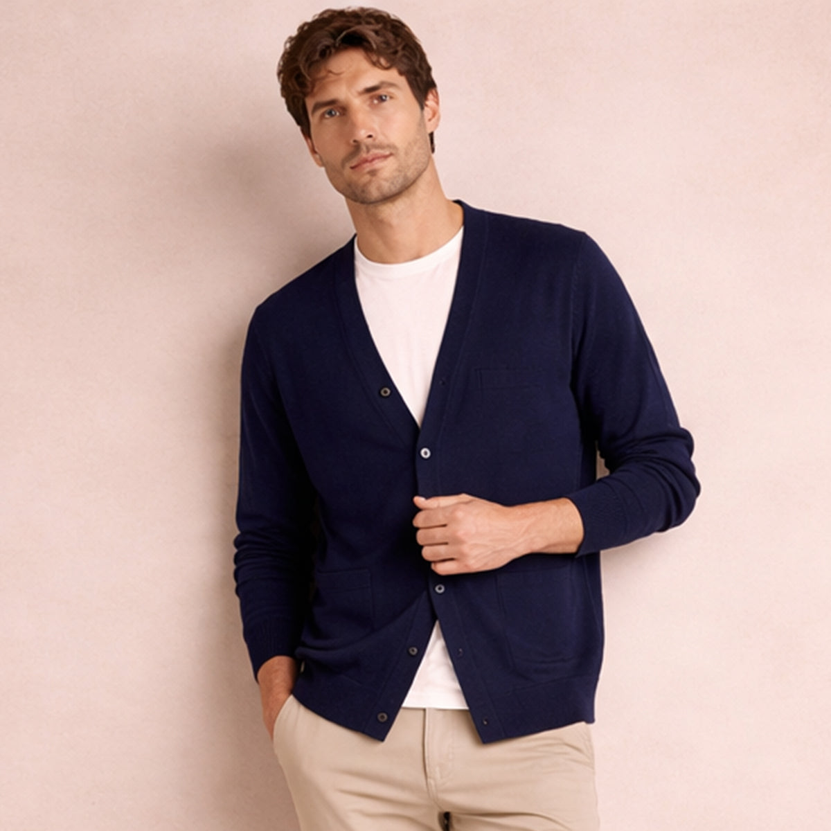 Men's Cardigan - V-Neck, Button Closure, Front Pockets, Relaxed Fit