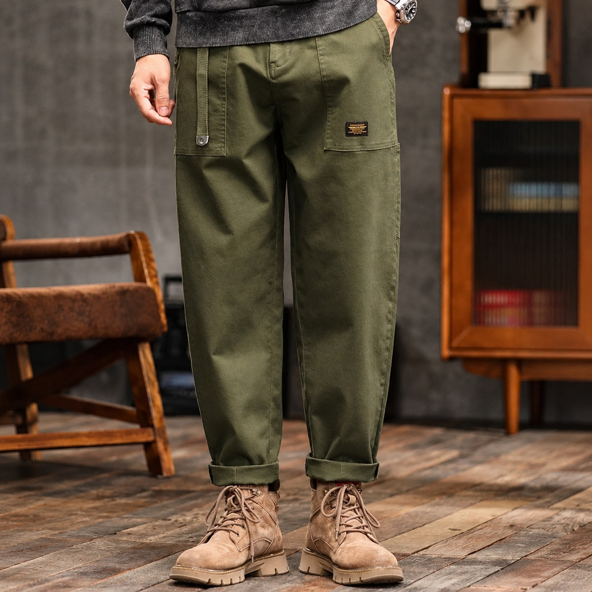 Men's Cargo Trousers with Side Pockets - Relaxed Fit Utility Pants