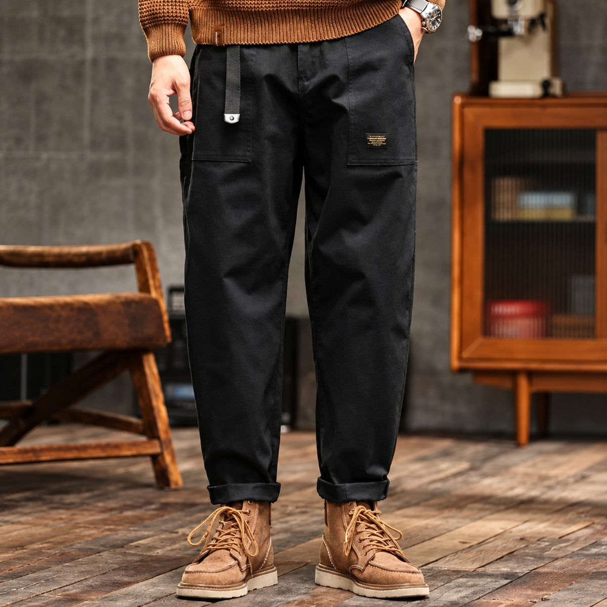 Men's Cargo Trousers with Side Pockets - Relaxed Fit Utility Pants