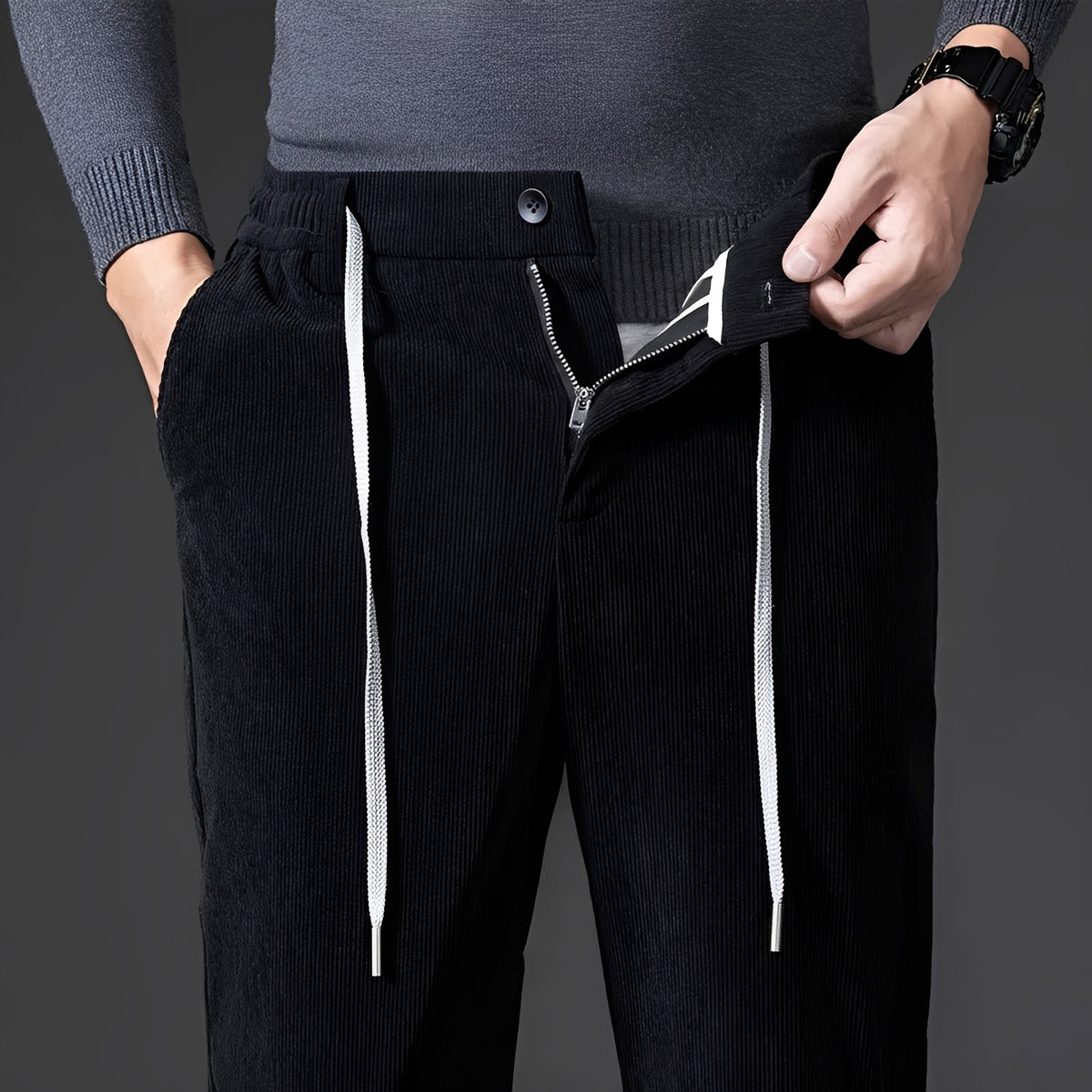 Men's Casual Pants with Adjustable Waistband - Straight-Leg Design