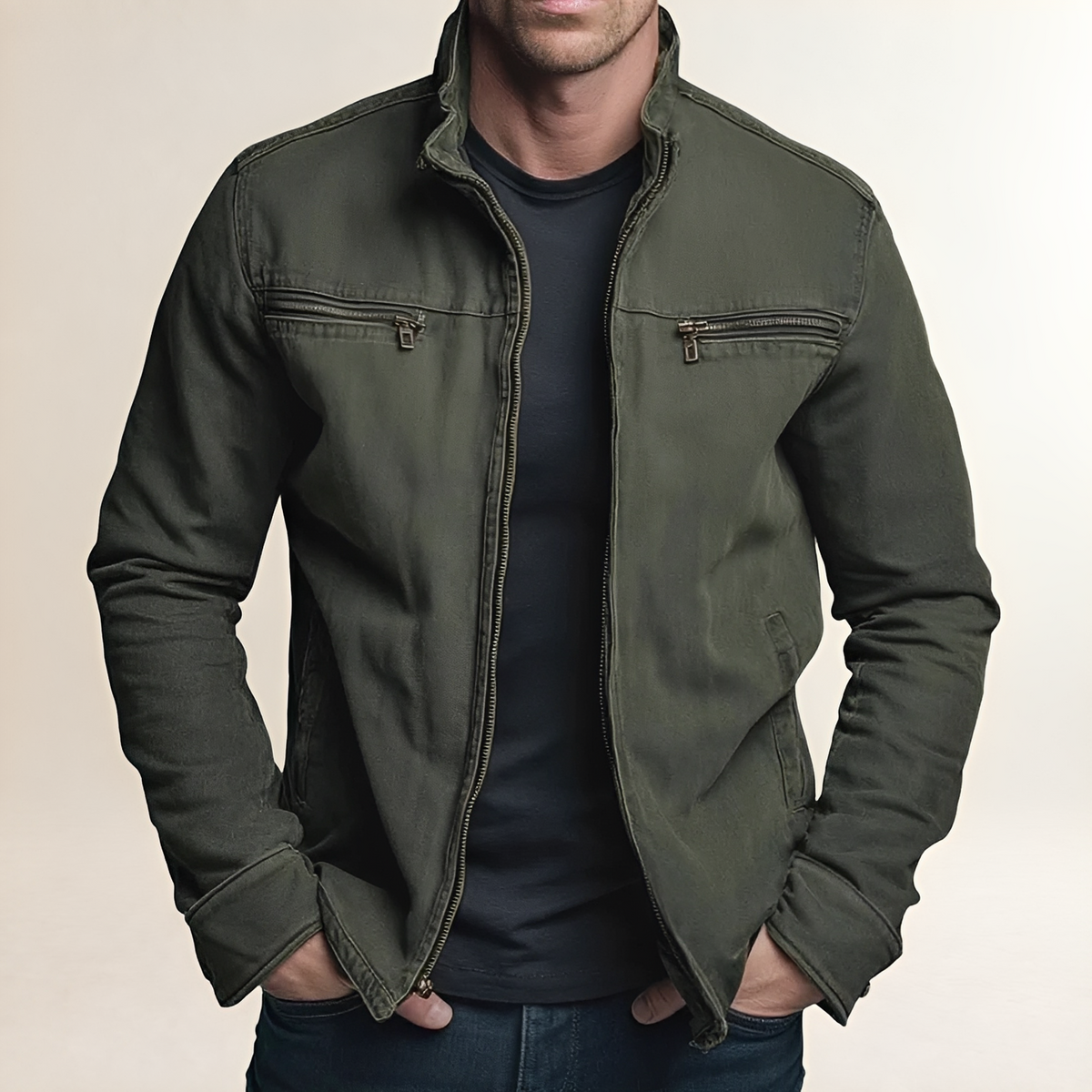 Men's Casual Zipper Lapel Jacket - Vintage Style with Multiple Pockets