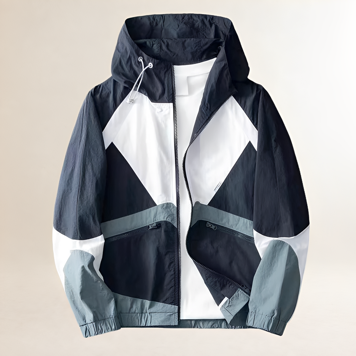 Men's Colorblock Rain Jacket with Adjustable Hood and Zip Pockets - Regular Fit