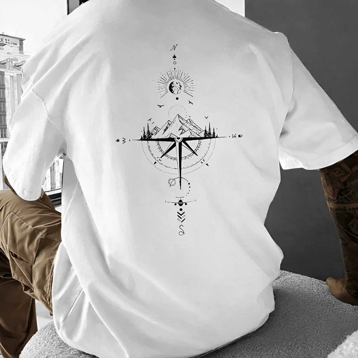 Men's Crew Neck Short Sleeve T-Shirt with Compass & Mountain Back Graphic, Regular Fit