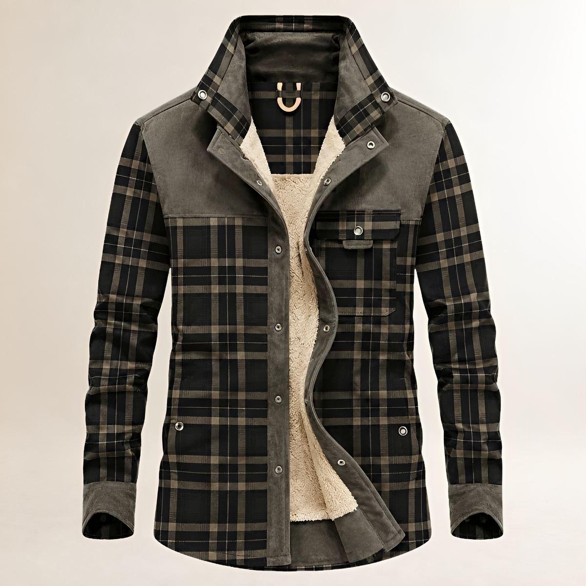 Men's Dapper Jacket Plaid Button-Front with Contrast Yoke, Chest Flap & Side Pockets, Regular Fit, Warm-Lined