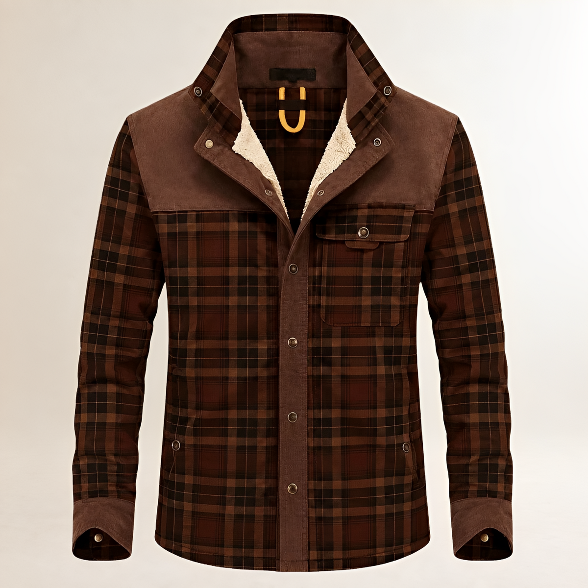 Men's Dapper Jacket Plaid Button-Front with Contrast Yoke, Chest Flap & Side Pockets, Regular Fit, Warm-Lined
