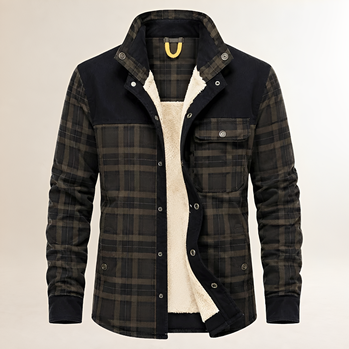 Men's Dapper Jacket Plaid Button-Front with Contrast Yoke, Chest Flap & Side Pockets, Regular Fit, Warm-Lined
