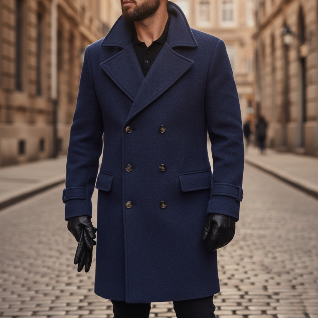Men's double-breasted coat with notched lapels, long tailored fit, button-cuff straps
