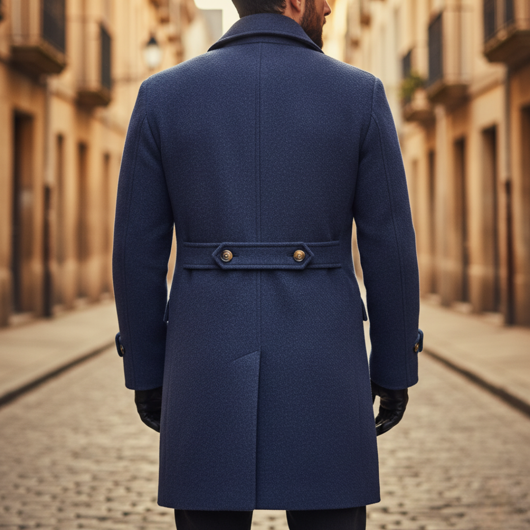 Men's double-breasted coat with notched lapels, long tailored fit, button-cuff straps