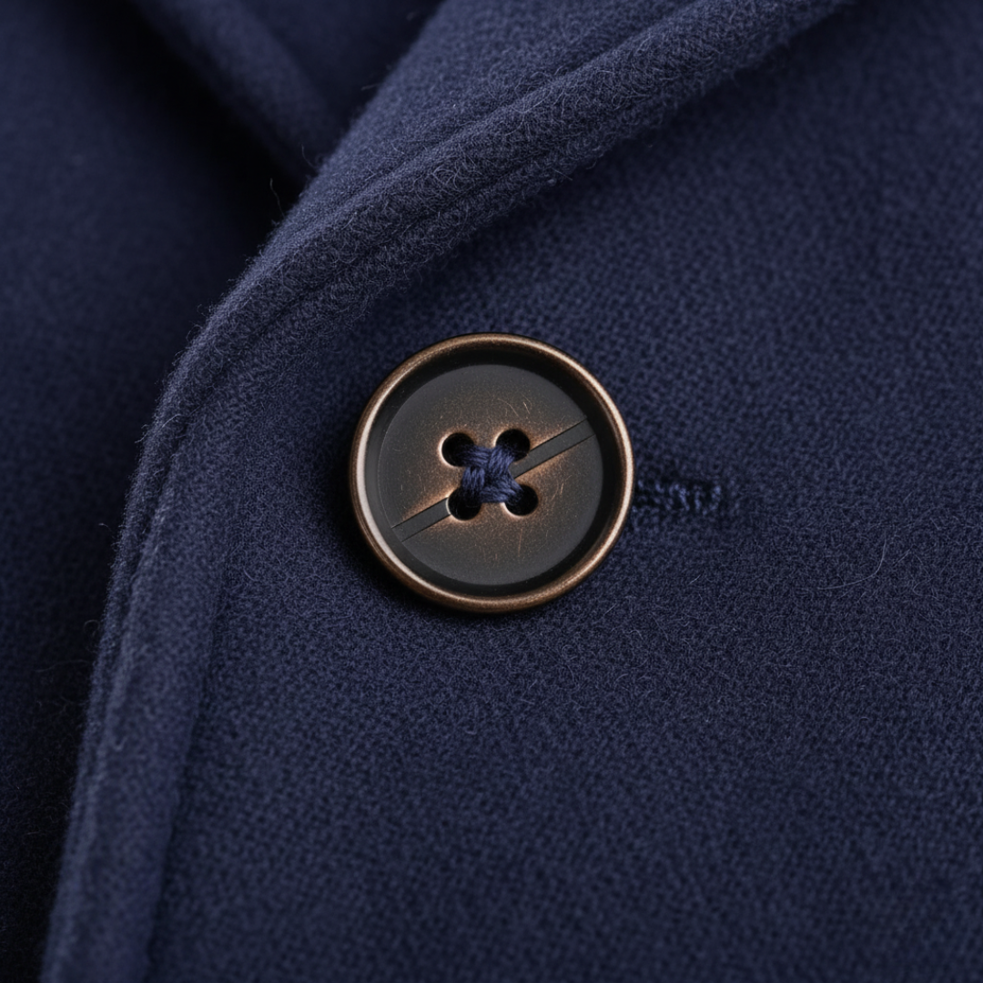 Men's double-breasted coat with notched lapels, long tailored fit, button-cuff straps
