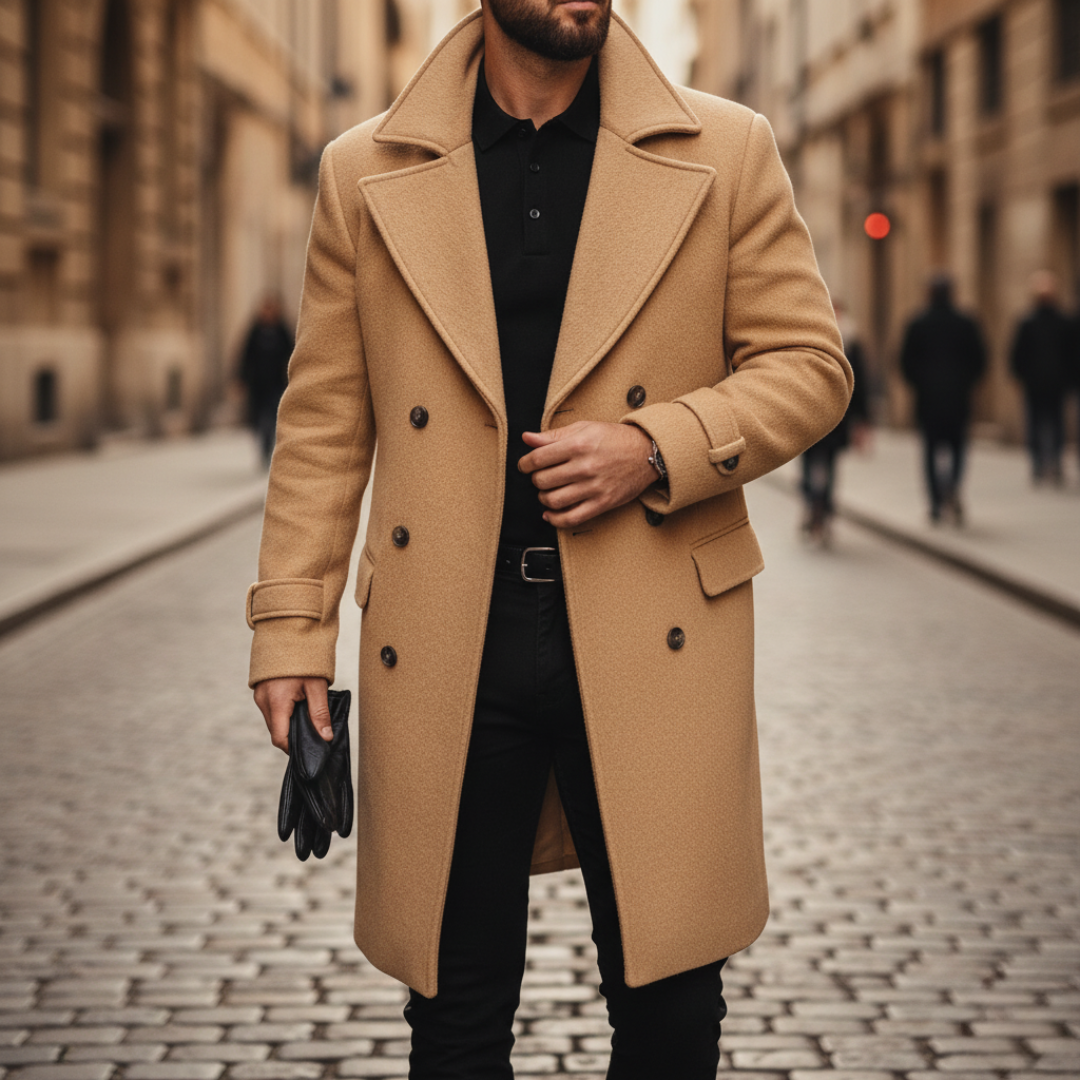 Men's double-breasted coat with notched lapels, long tailored fit, button-cuff straps