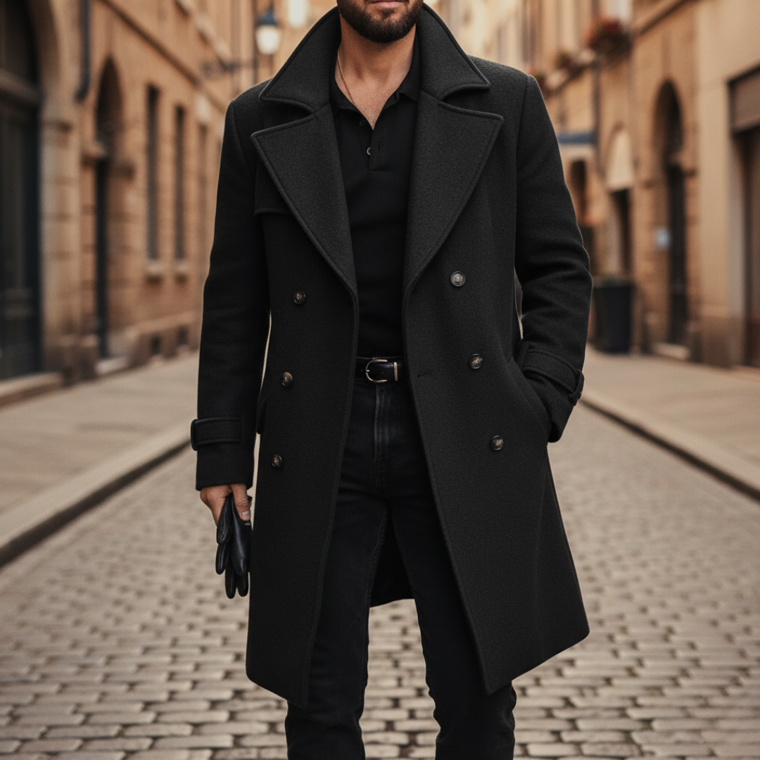 Men's double-breasted coat with notched lapels, long tailored fit, button-cuff straps