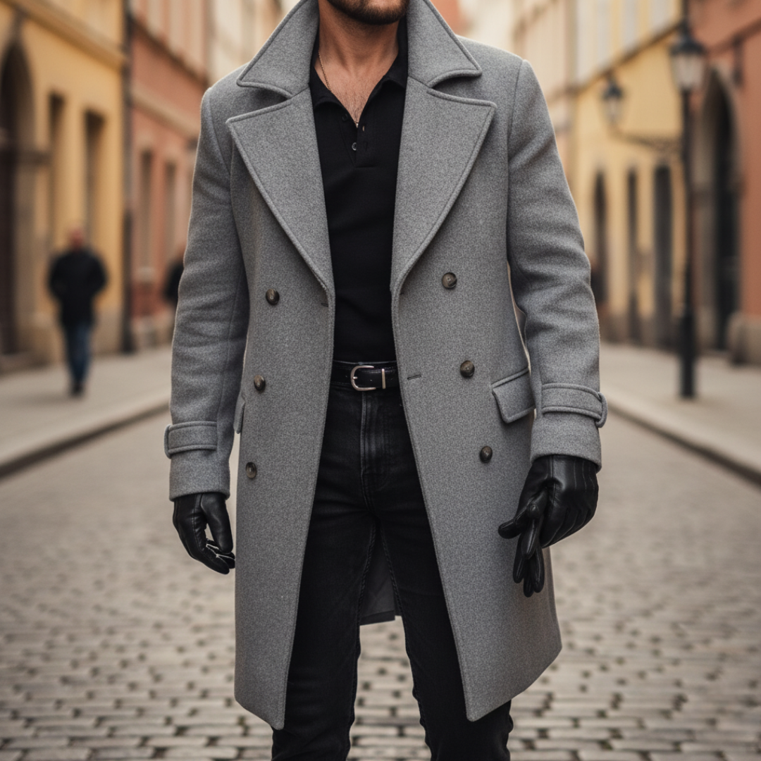 Men's double-breasted coat with notched lapels, long tailored fit, button-cuff straps