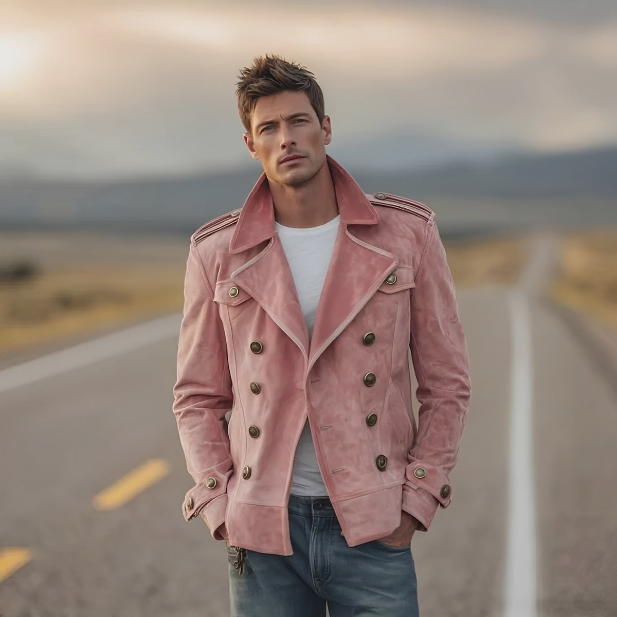 Men's Double-Breasted Peacoat Jacket with Epaulettes - Classic Fit