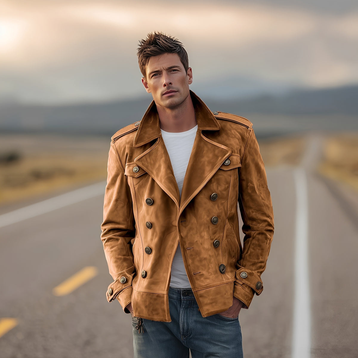 Men's Double-Breasted Peacoat Jacket with Epaulettes - Classic Fit