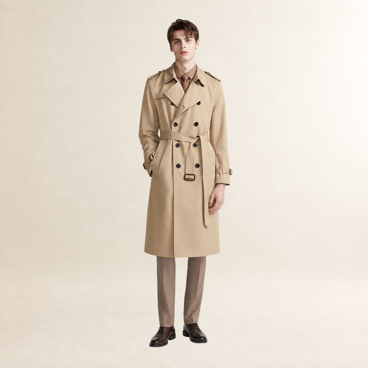 Men's Double-Breasted Trench Coat with Belt and Lapel Collar - Longline Fit
