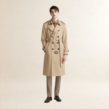 Men's Double-Breasted Trench Coat with Belt and Lapel Collar - Longline Fit