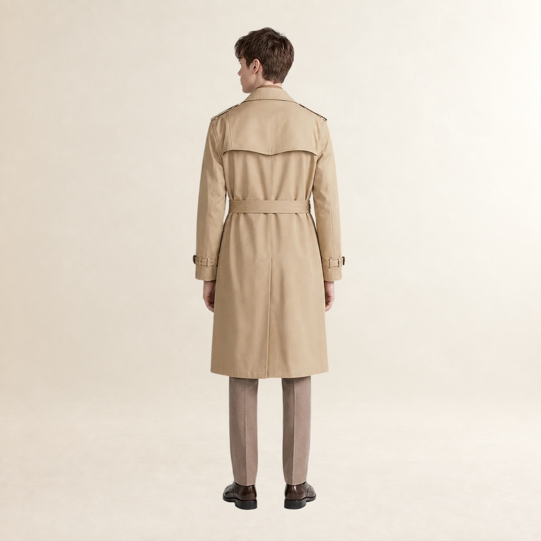 Men's Double-Breasted Trench Coat with Belt and Lapel Collar - Longline Fit