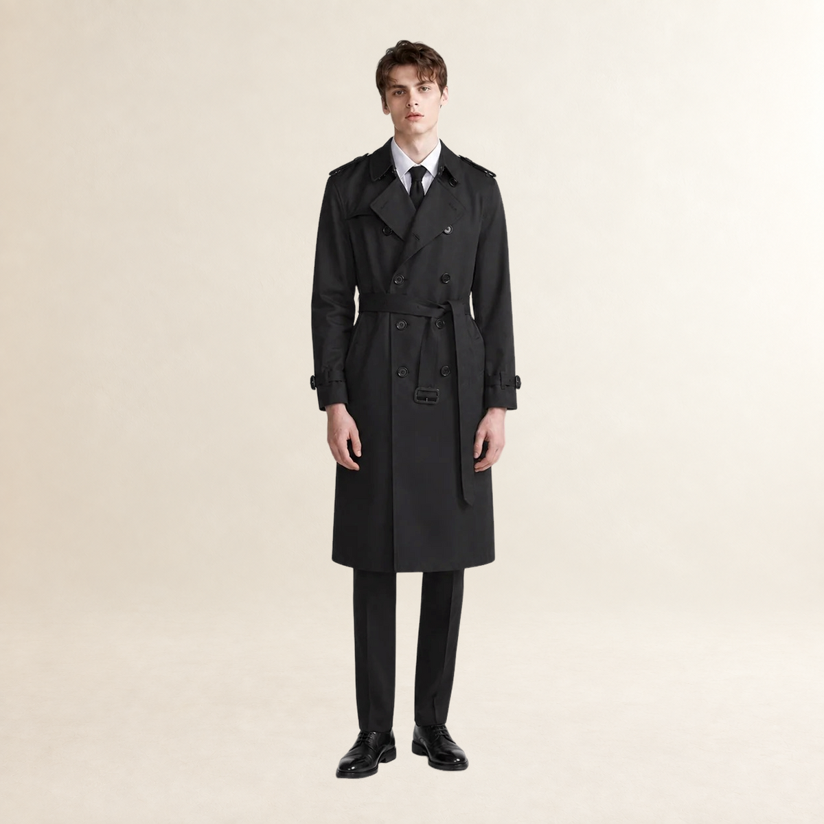 Men's Double-Breasted Trench Coat with Belt and Lapel Collar - Longline Fit