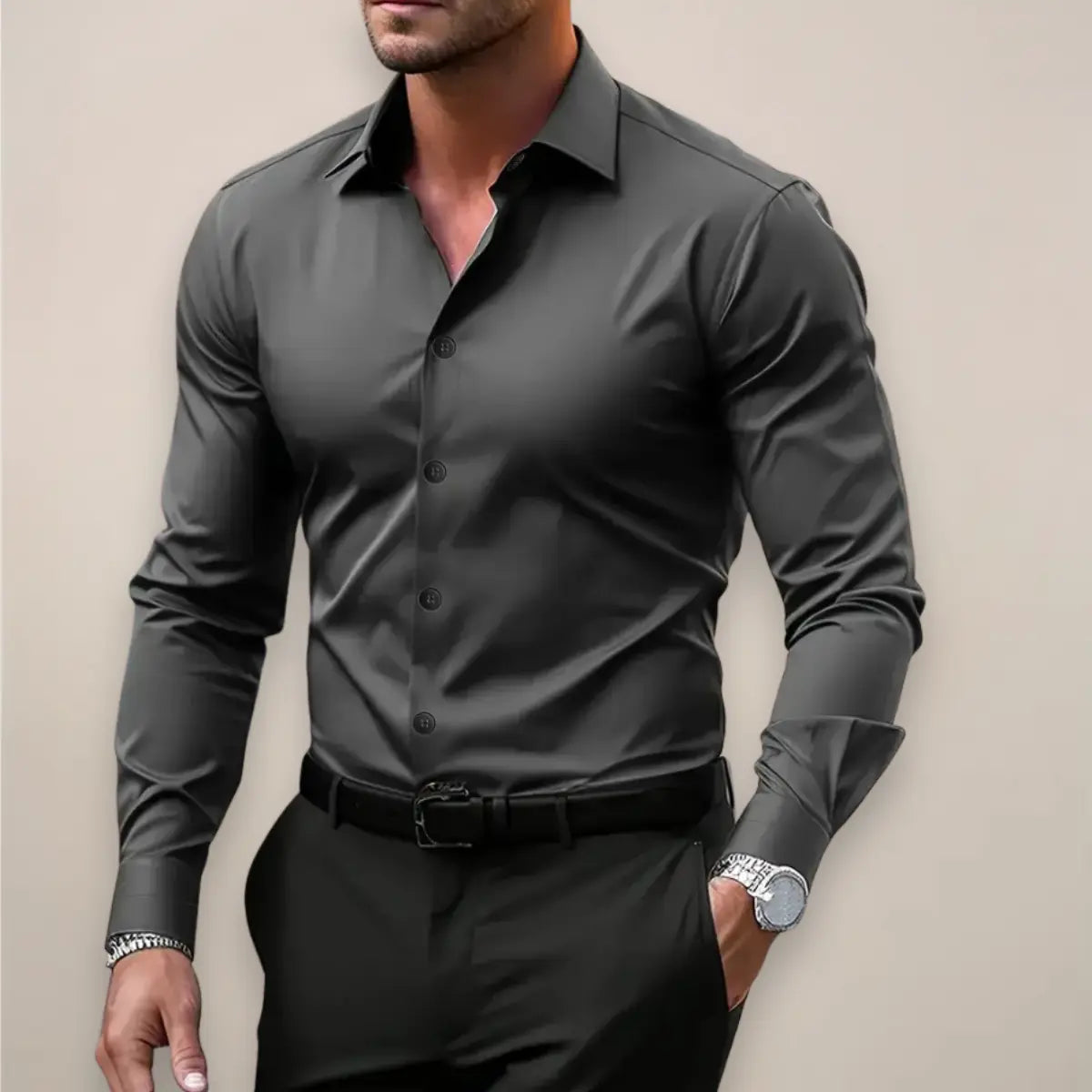 Men's Dress Shirt - Long Sleeve with Button Closure and Slim Fit