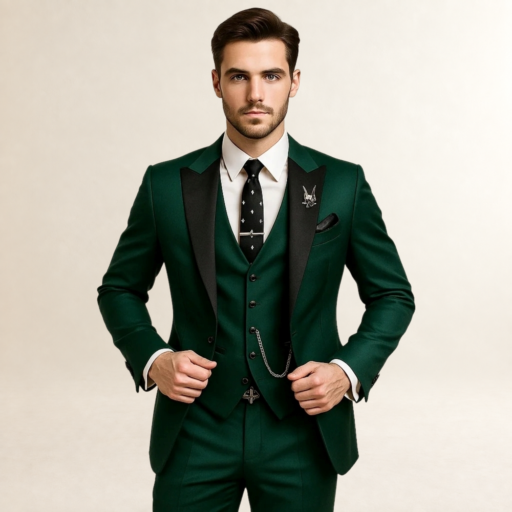 Men's Formal Three-Piece Suit - Slim Fit with Peak Lapels and Waistcoat