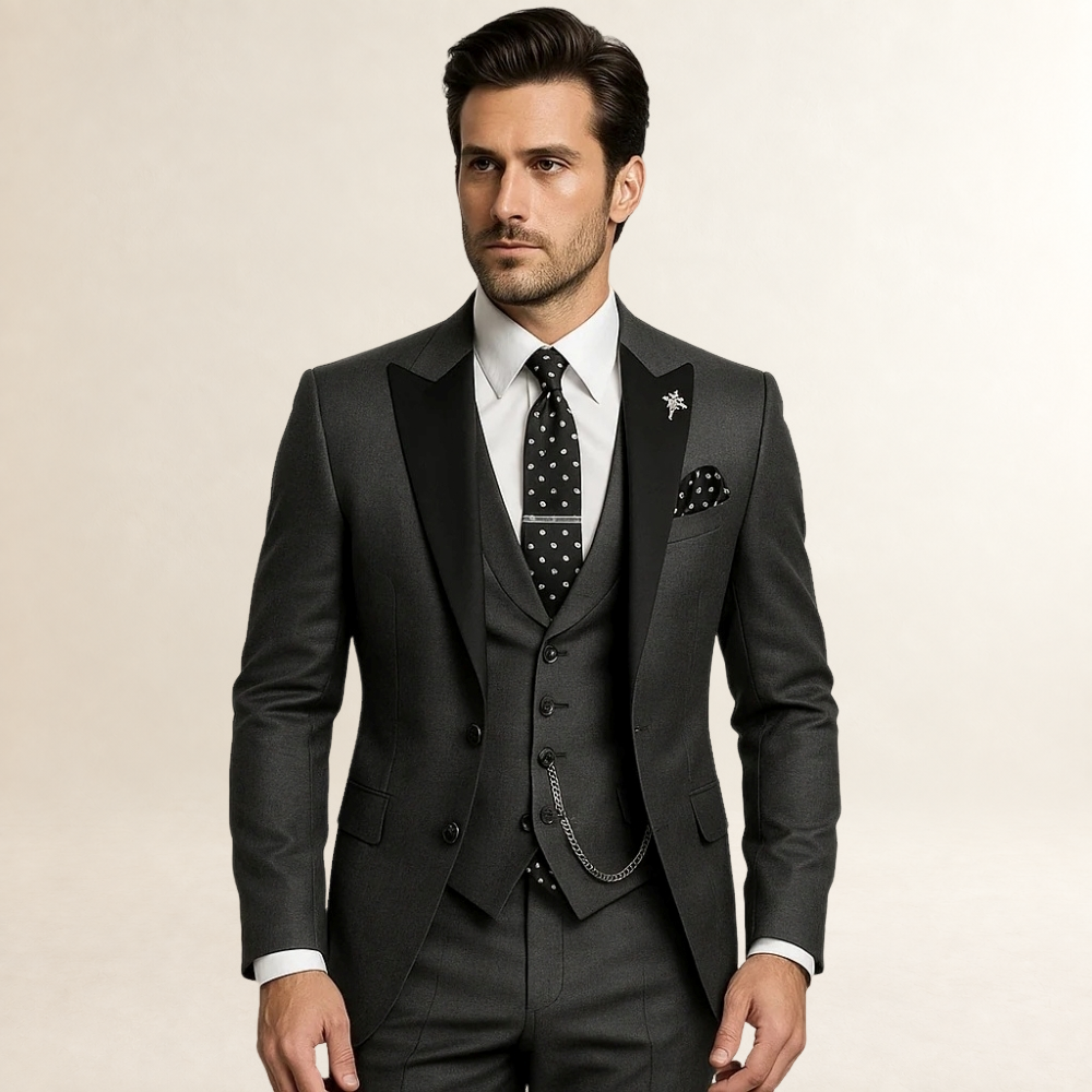Men's Formal Three-Piece Suit - Slim Fit with Peak Lapels and Waistcoat