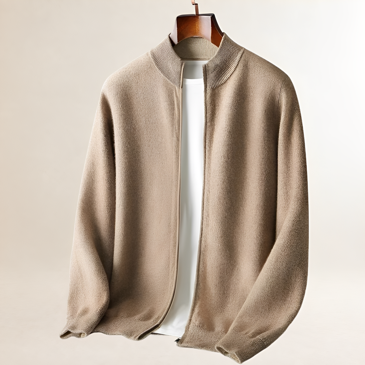 Men's Full-Zip Cardigan with Stand Collar, Ribbed Hem and Cuffs