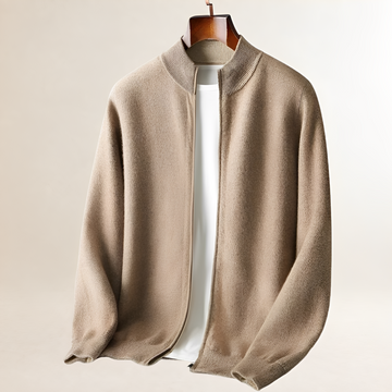 Men's Full-Zip Cardigan with Stand Collar, Ribbed Hem and Cuffs