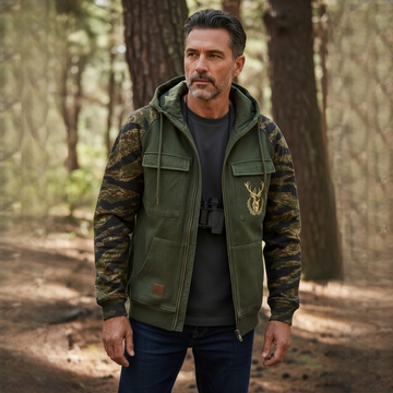 Men's Full-Zip Hooded Jacket with Utility Pockets, Camo Sleeves and Deer Chest Graphic