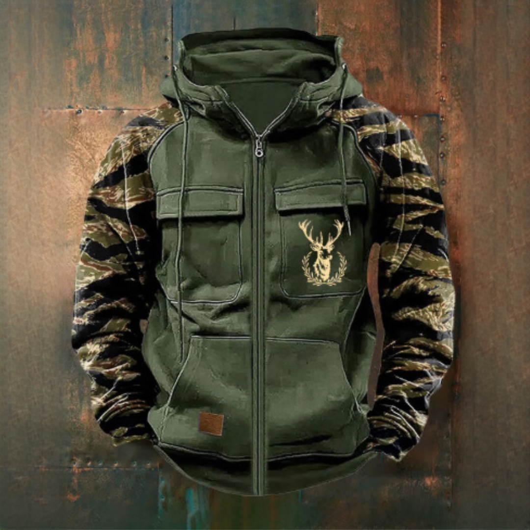 Men's Full-Zip Hooded Jacket with Utility Pockets, Camo Sleeves and Deer Chest Graphic