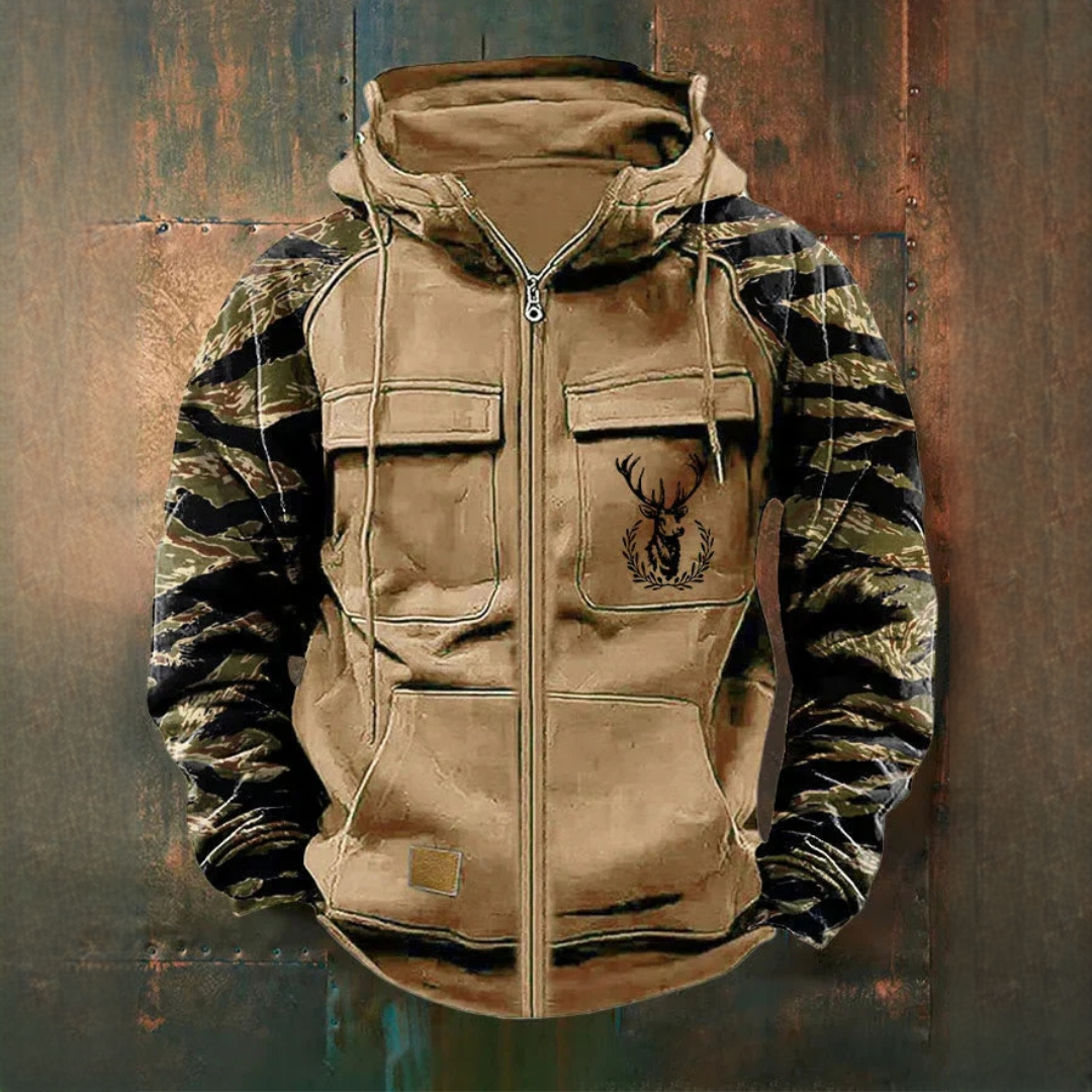 Men's Full-Zip Hooded Jacket with Utility Pockets, Camo Sleeves and Deer Chest Graphic