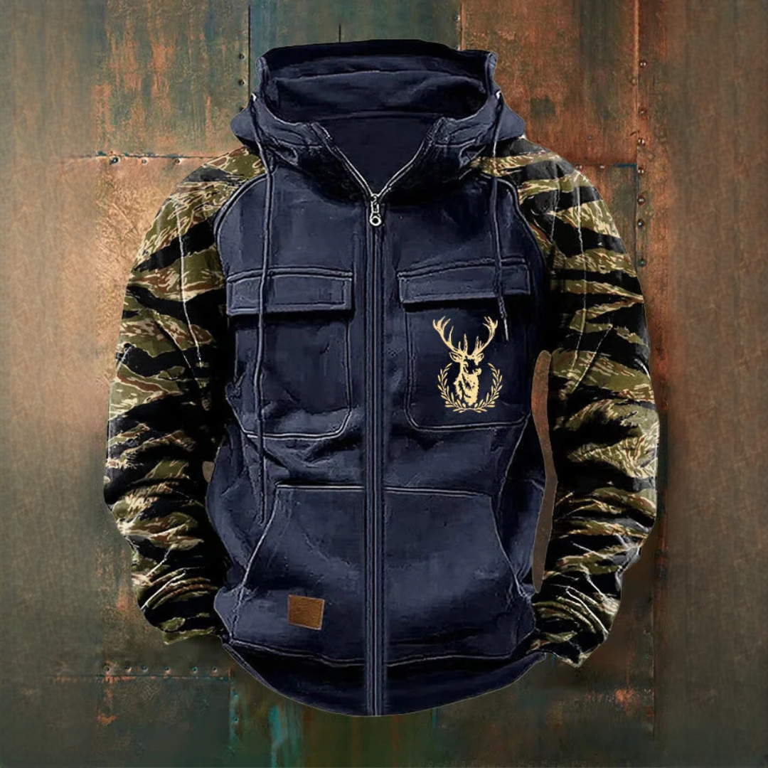 Men's Full-Zip Hooded Jacket with Utility Pockets, Camo Sleeves and Deer Chest Graphic