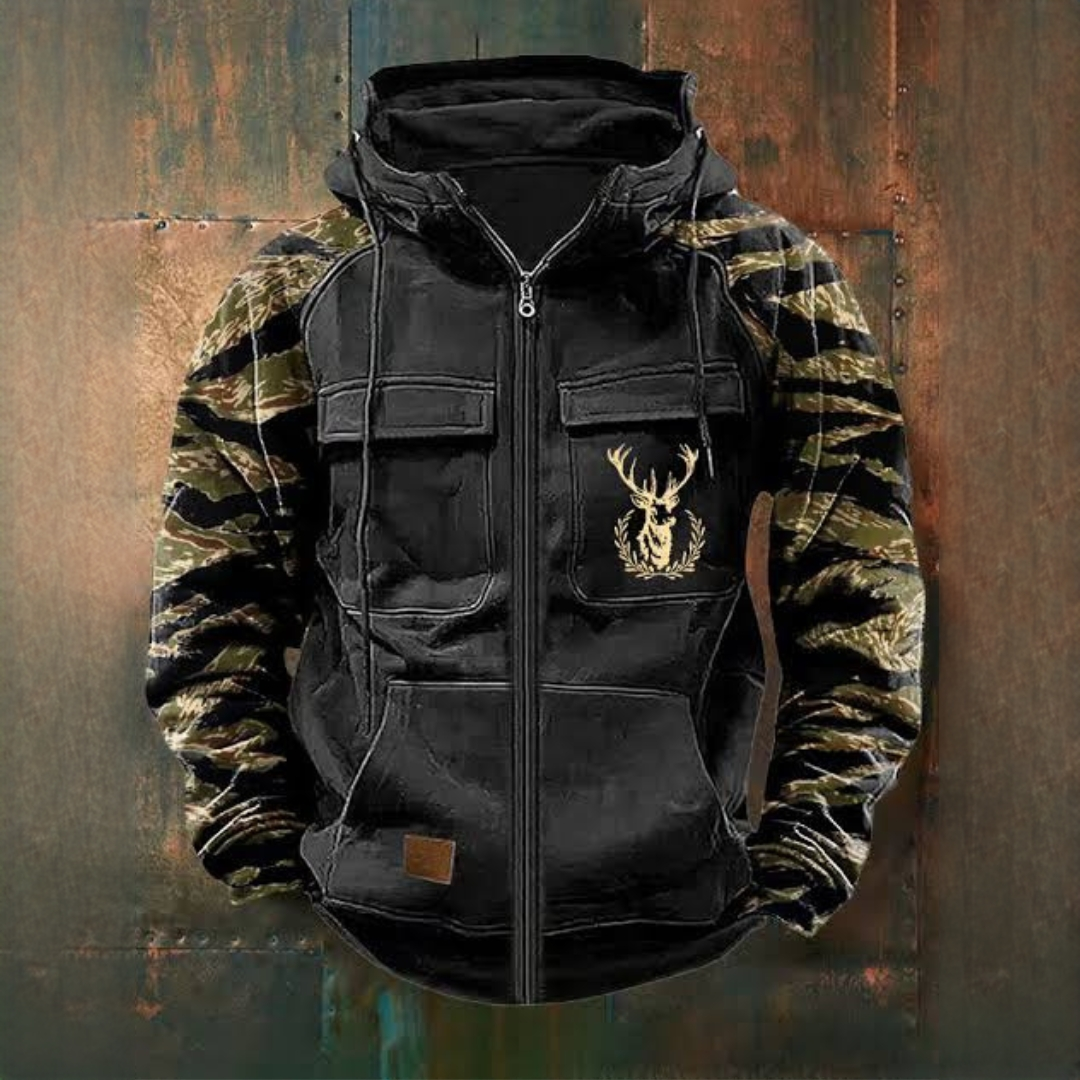 Men's Full-Zip Hooded Jacket with Utility Pockets, Camo Sleeves and Deer Chest Graphic
