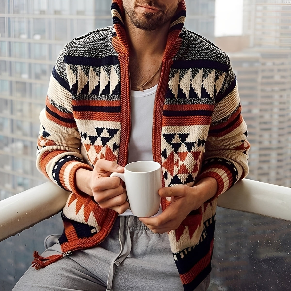 Men's Geometric Zip Cardigan Sweater Jacket with Pockets