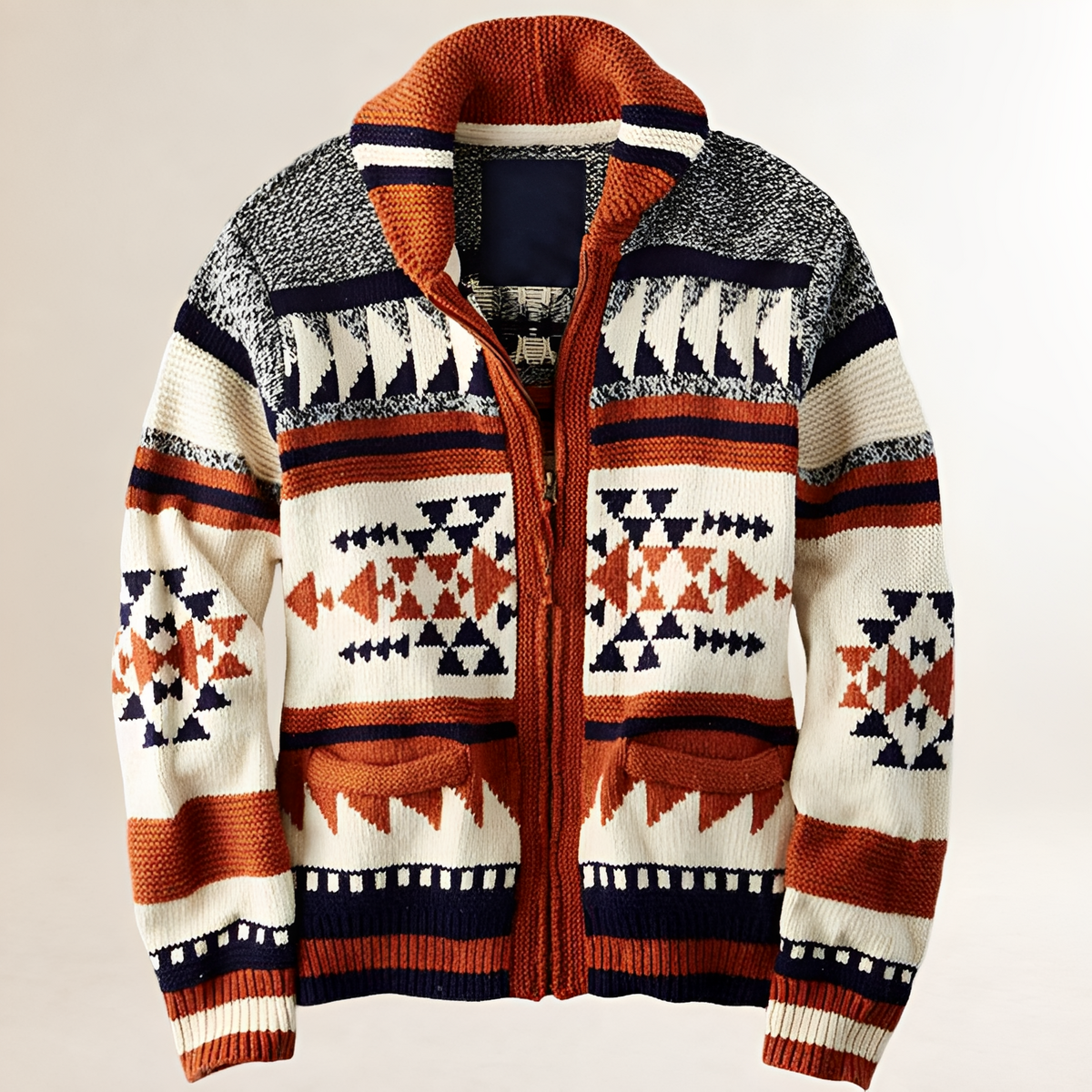 Men's Geometric Zip Cardigan Sweater Jacket with Pockets