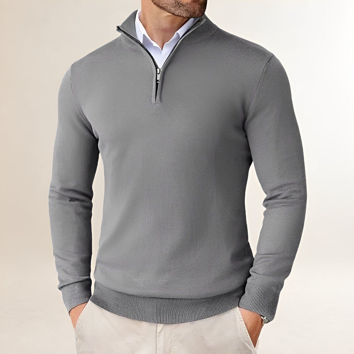 Men's Half-Zip Sweater - Classic Fit with Ribbed Cuffs