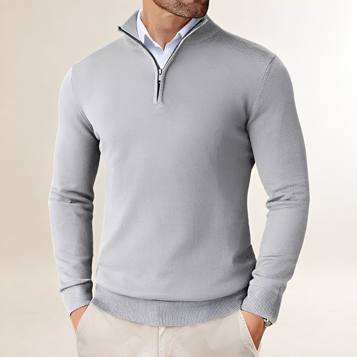 Men's Half-Zip Sweater - Classic Fit with Ribbed Cuffs