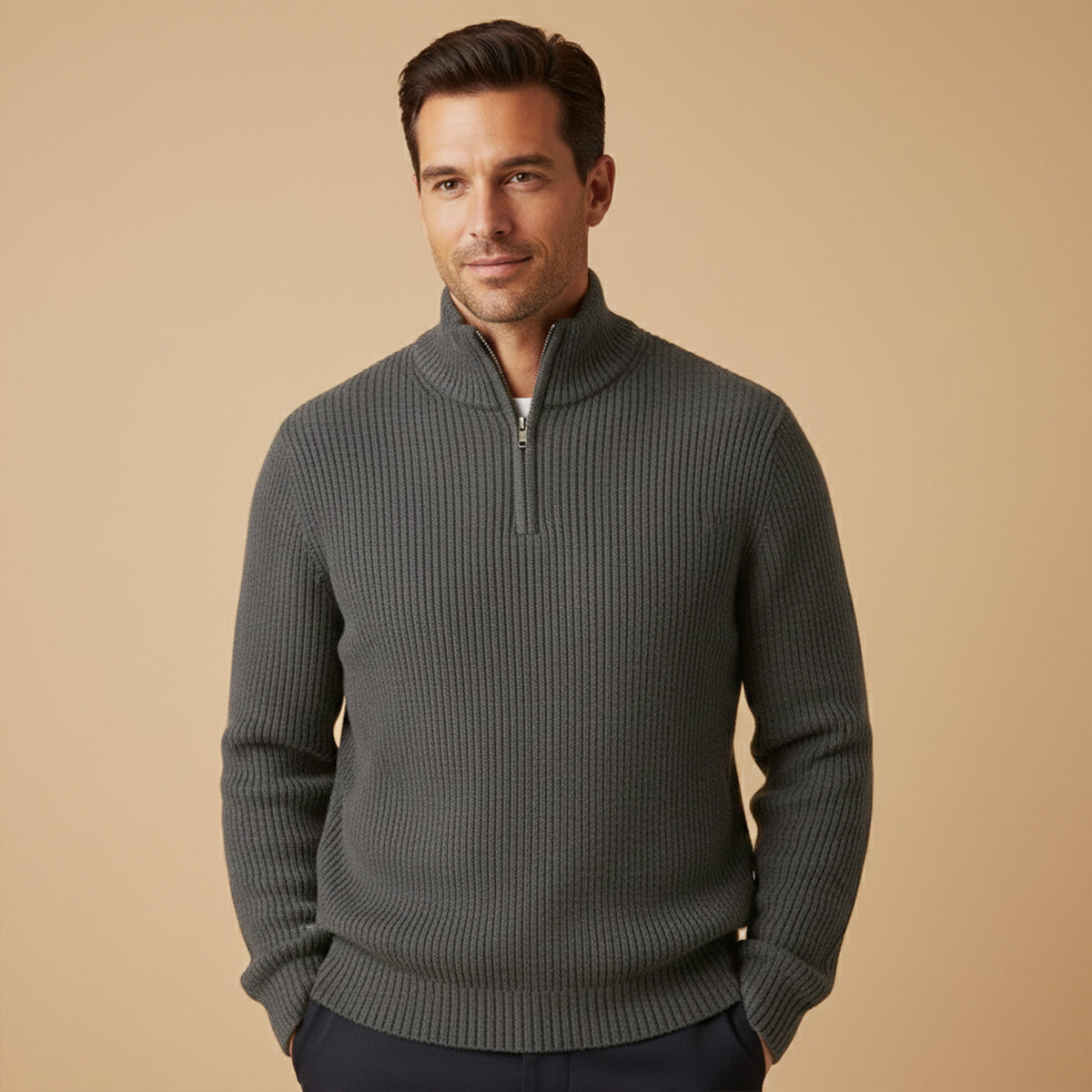 Men's Half Zip Sweater - Ribbed Texture, Relaxed Fit
