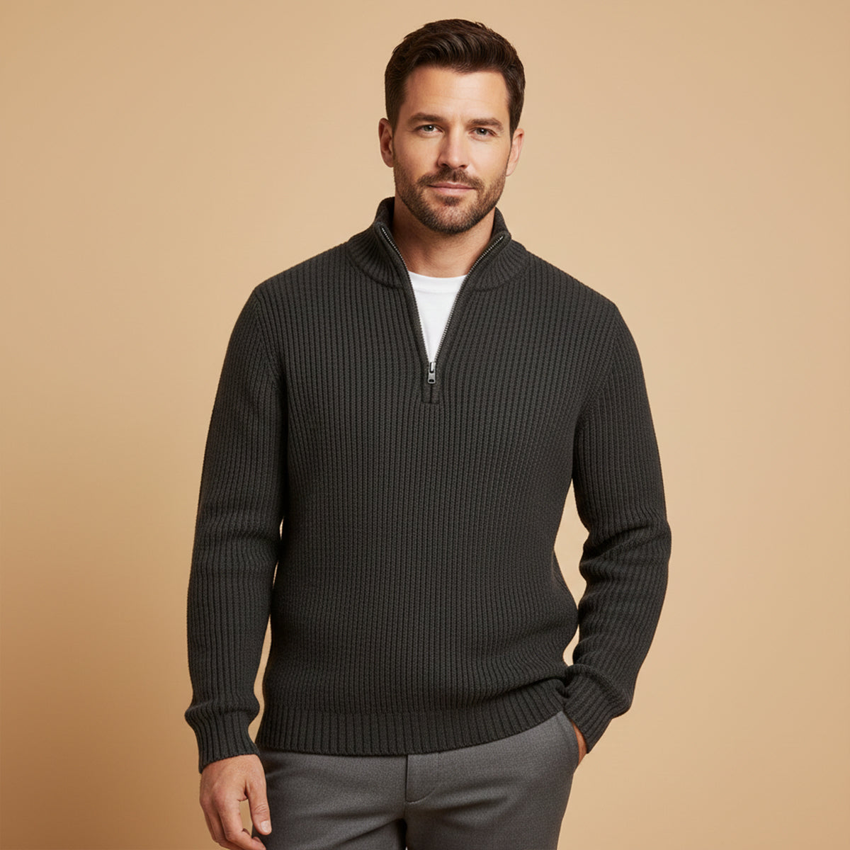 Men's Half Zip Sweater - Ribbed Texture, Relaxed Fit