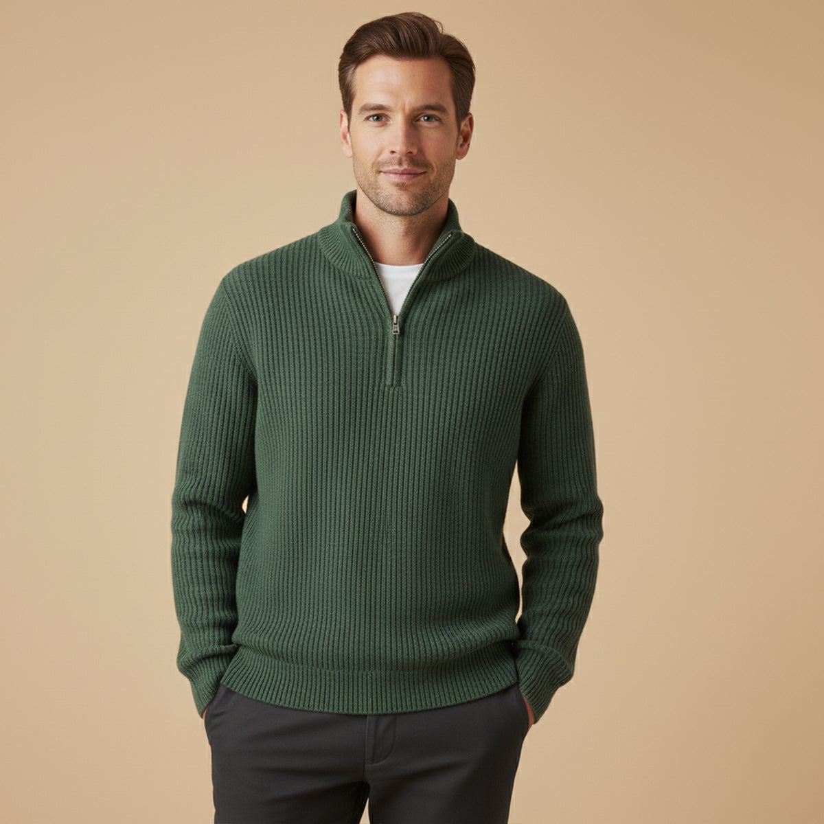 Men's Half Zip Sweater - Ribbed Texture, Relaxed Fit