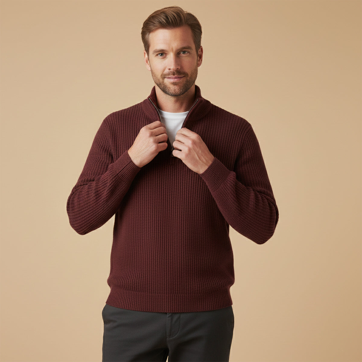 Men's Half Zip Sweater - Ribbed Texture, Relaxed Fit