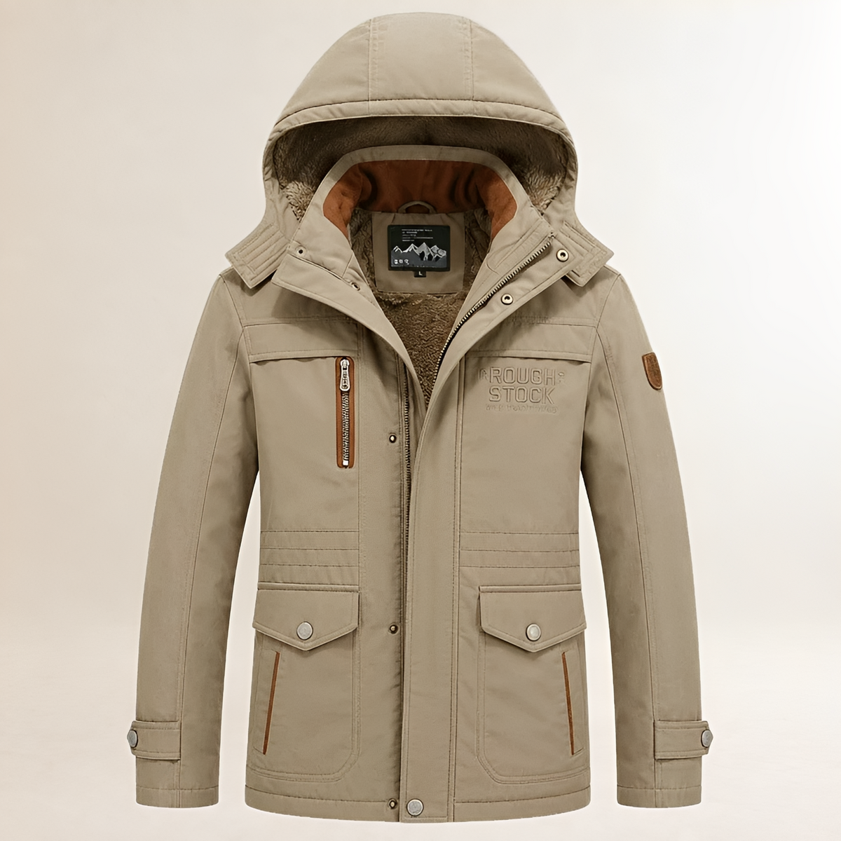 Men's Hooded Parka with Detachable Hood, Zip-and-Snap Front, Multiple Pockets, Lined, Embroidered Chest Detail